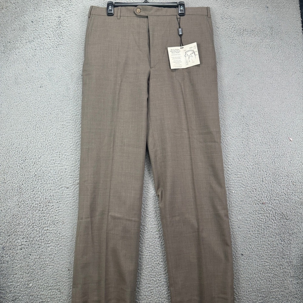 Kirkland Wool Pants Dress Slack Men 36X32 Tan Flat Front Straight Italy Made NEW